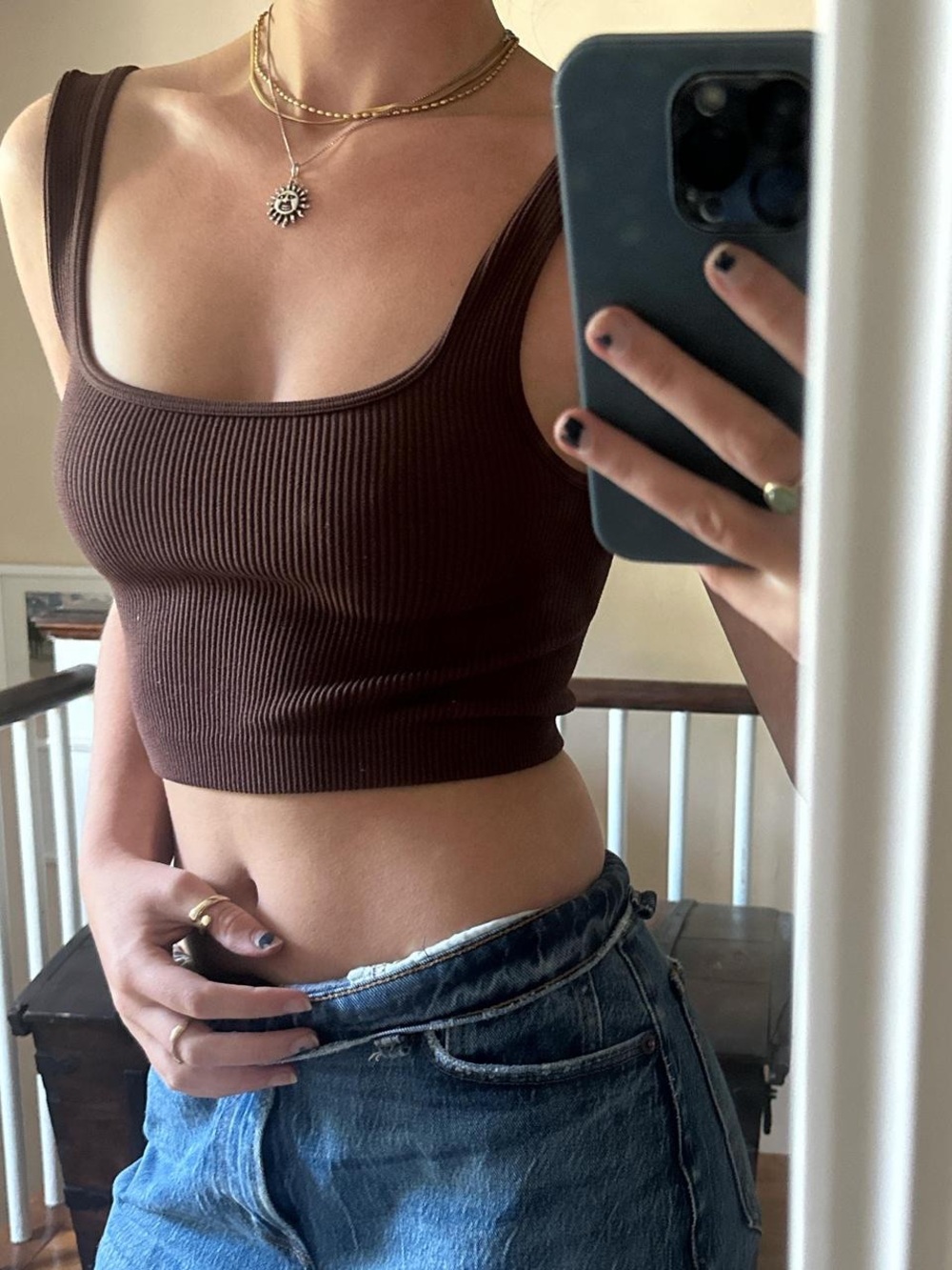Babaton Ribbed Square Neck Crop Tank Top - Brown